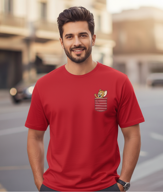 Pocket Jerry Men’s Oversized T-Shirt | Fun Cartoon Graphic Tee in Red