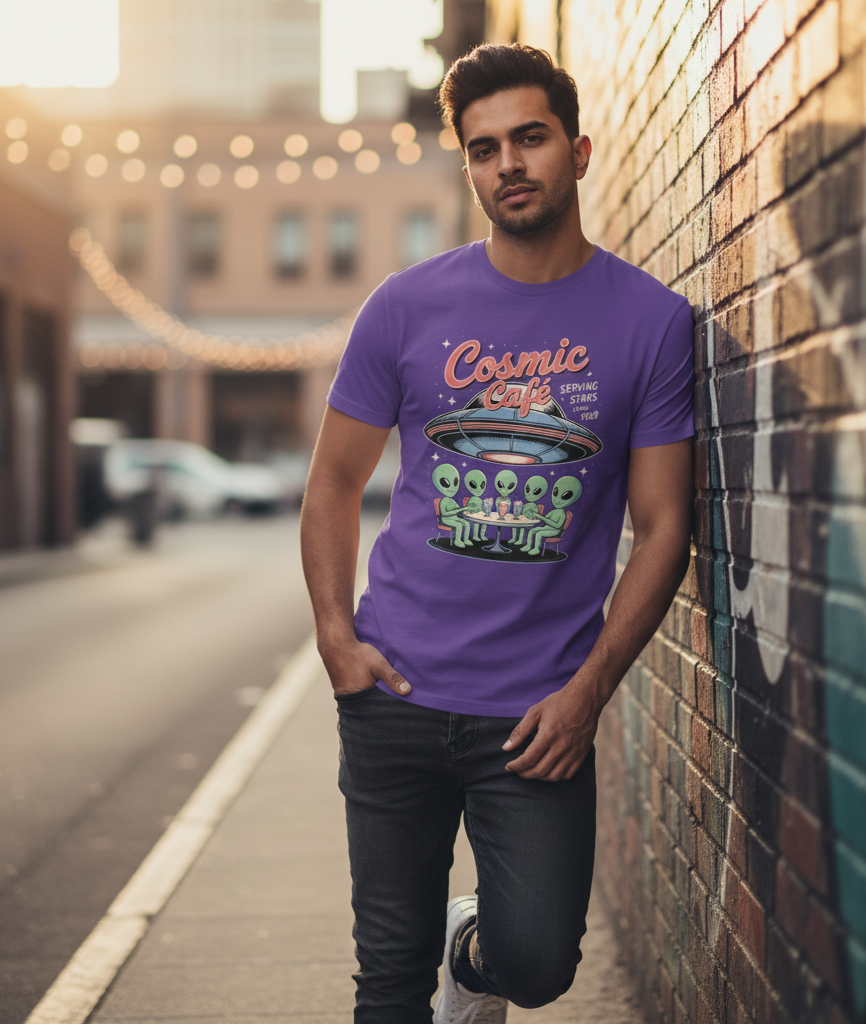 Cosmic Cafe Regular-Fit Men's T-Shirt | Retro Alien Graphic Tshirt