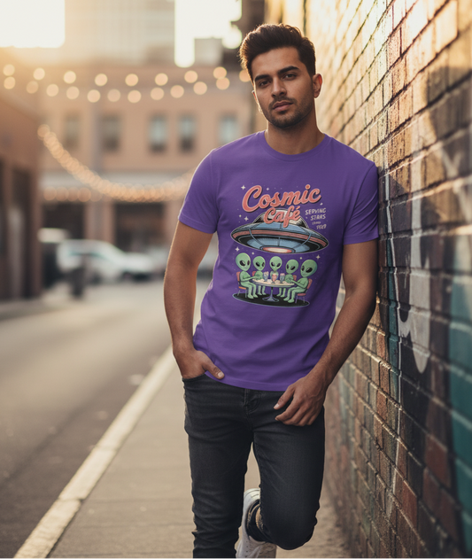 Cosmic Cafe Regular-Fit Men's T-Shirt | Retro Alien Graphic Tshirt