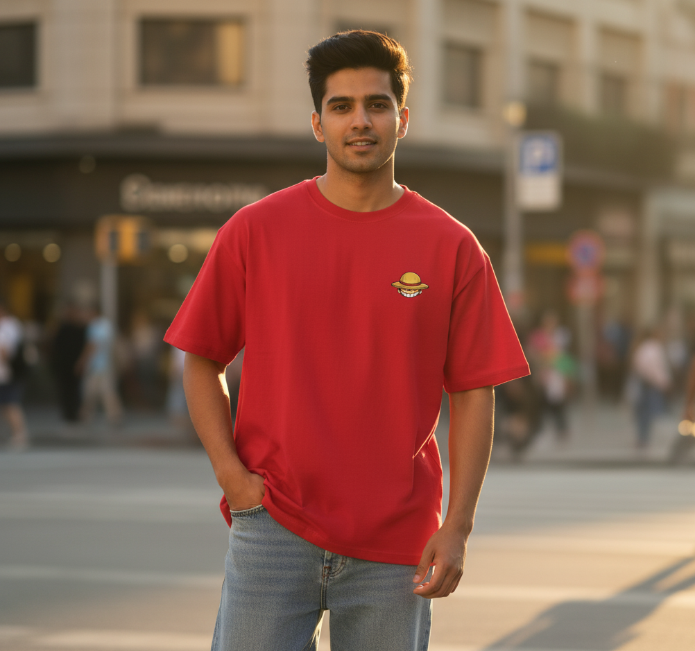 Red Straw Hat One piece Oversized Men’s T-Shirt | Anime Streetwear Tee by Evora