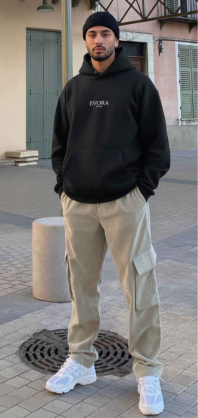 EVORA Minimalist Oversized Black Hoodie for Men