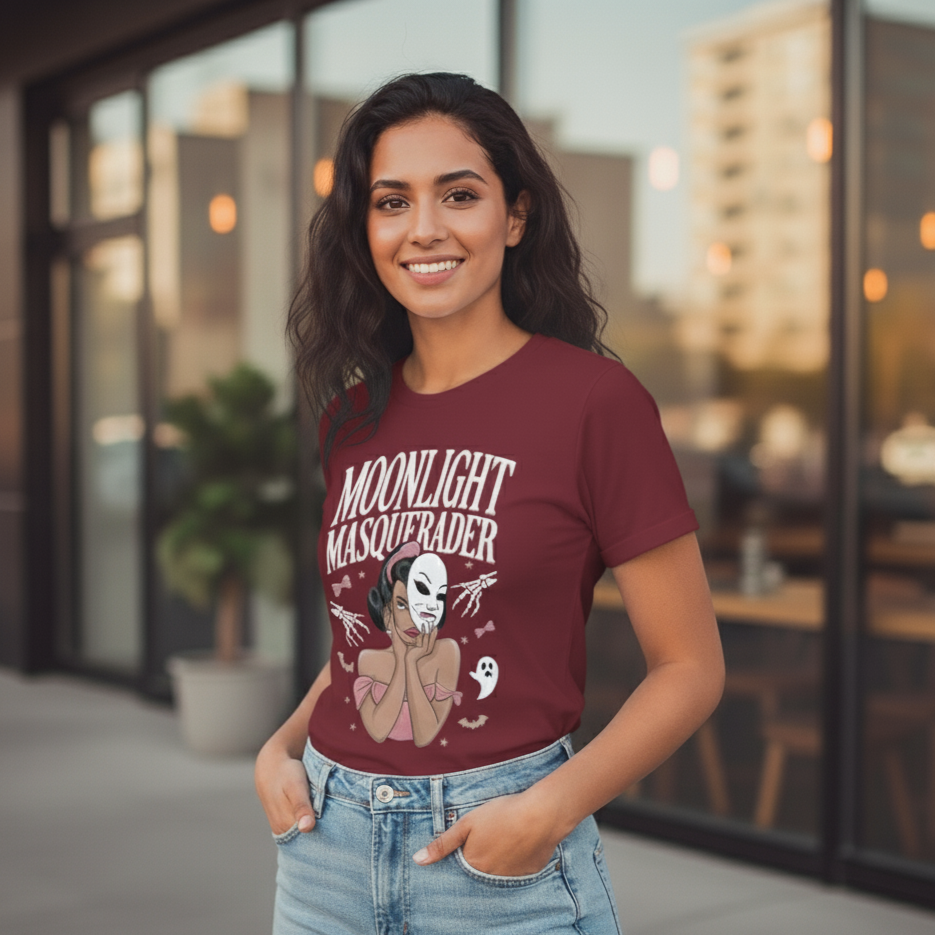Moonlight Masquerader Women’s Graphic T-Shirt – Vintage Gothic Aesthetic Tee
