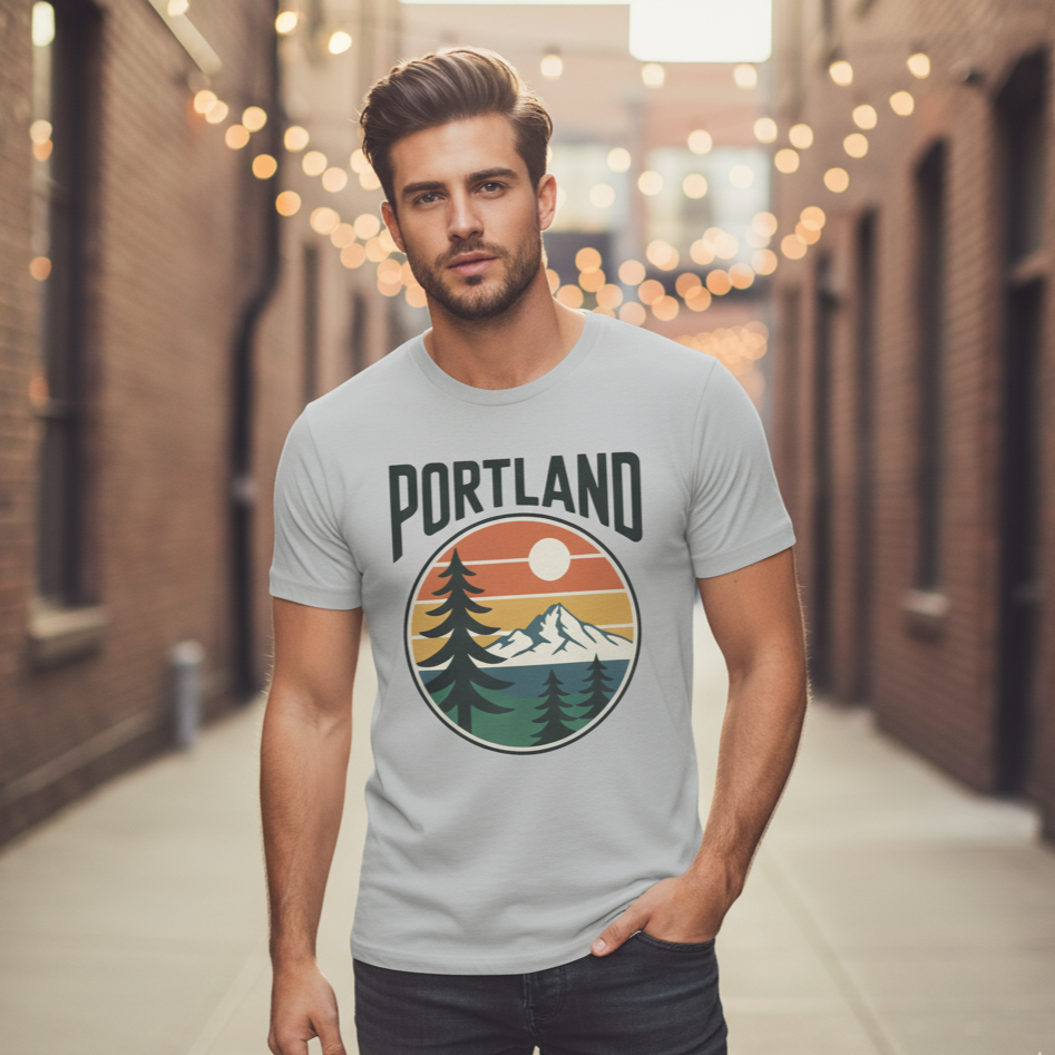 Portland Retro Graphic Tshirt | Vintage Mountain & Sunset Tee | Tshirt
