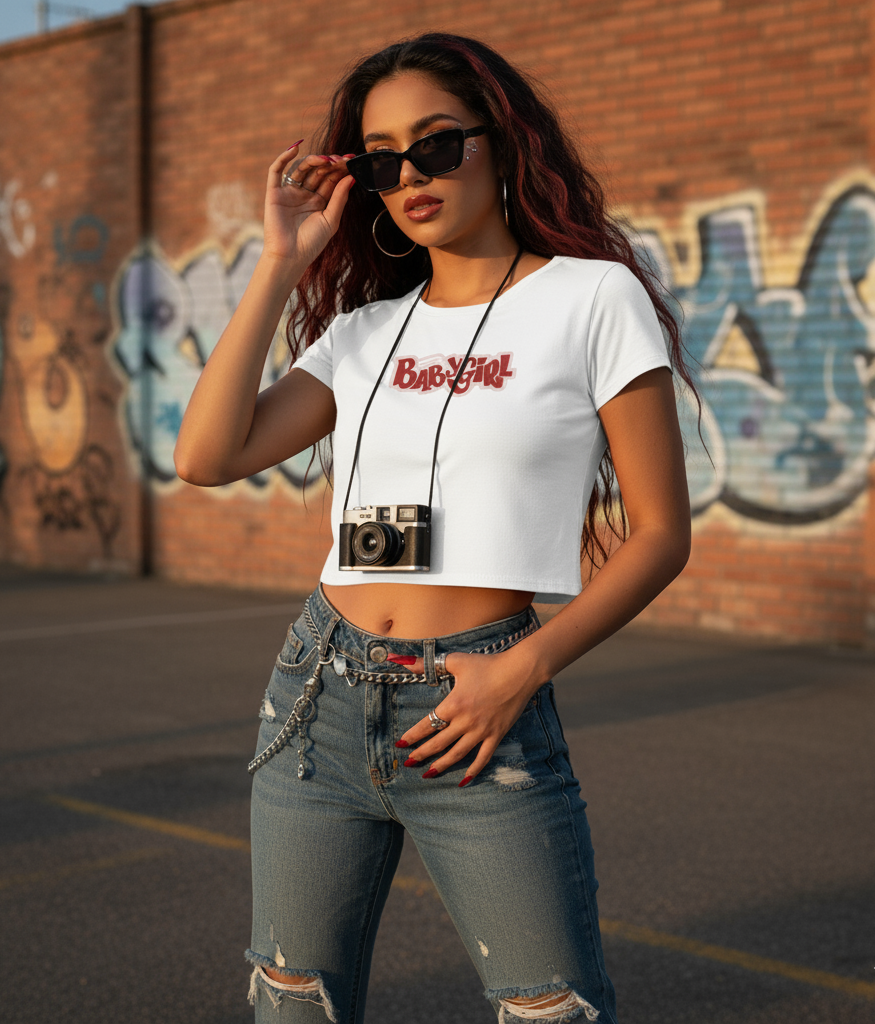 “Baby Girl Street Style Crop Top – Black & White Edition”