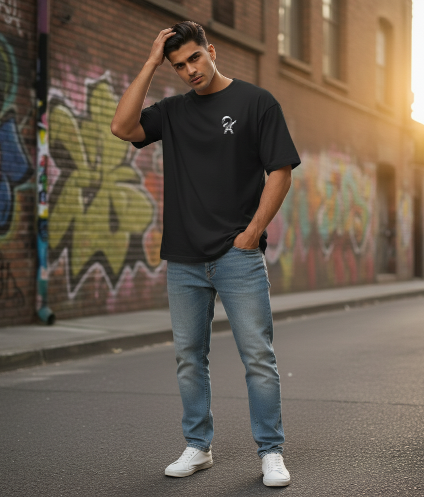 Dabbing Astronaut Men’s Oversized T-Shirt – Minimal Space Graphic Tee