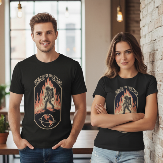 Reach for the Stars Astronaut Graphic T-Shirt – Streetwear for Men & Women (Black)