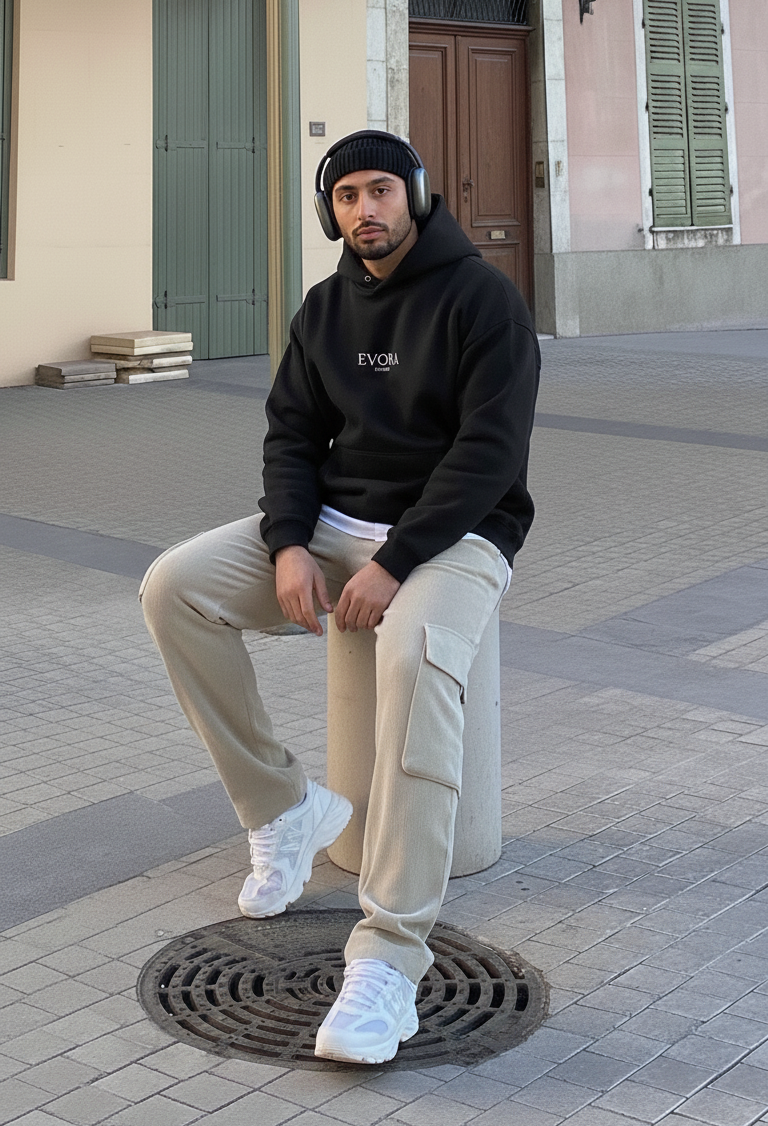 EVORA Minimalist Oversized Black Hoodie for Men