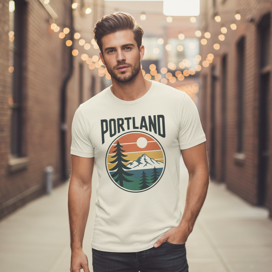 Portland Retro Graphic Tshirt | Vintage Mountain & Sunset Tee | Tshirt