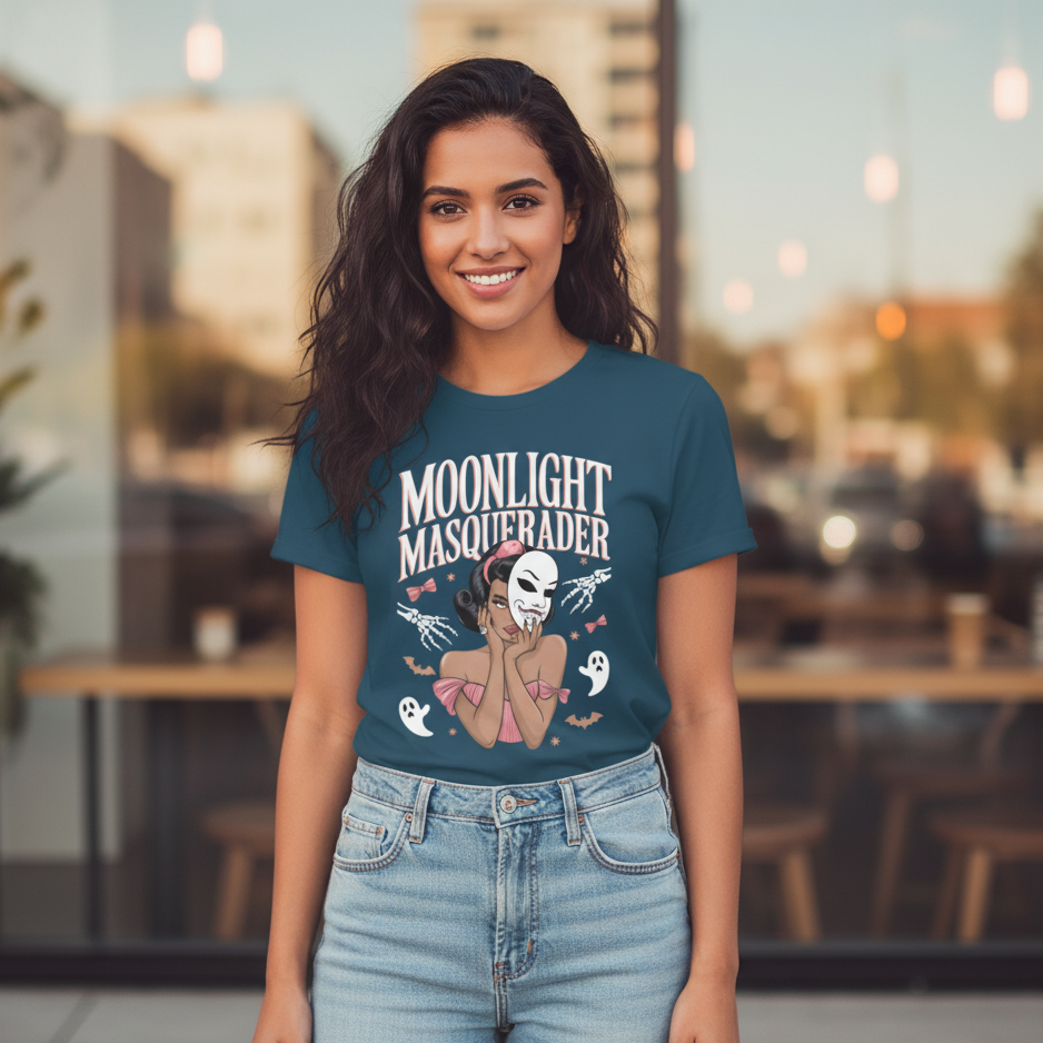 Moonlight Masquerader Women’s Graphic T-Shirt – Vintage Gothic Aesthetic Tee