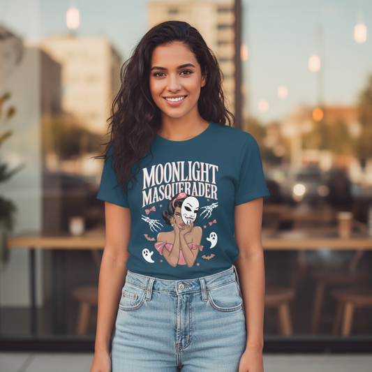 Moonlight Masquerader Women’s Graphic T-Shirt – Vintage Gothic Aesthetic Tee