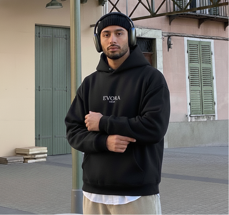 EVORA Minimalist Oversized Black Hoodie for Men