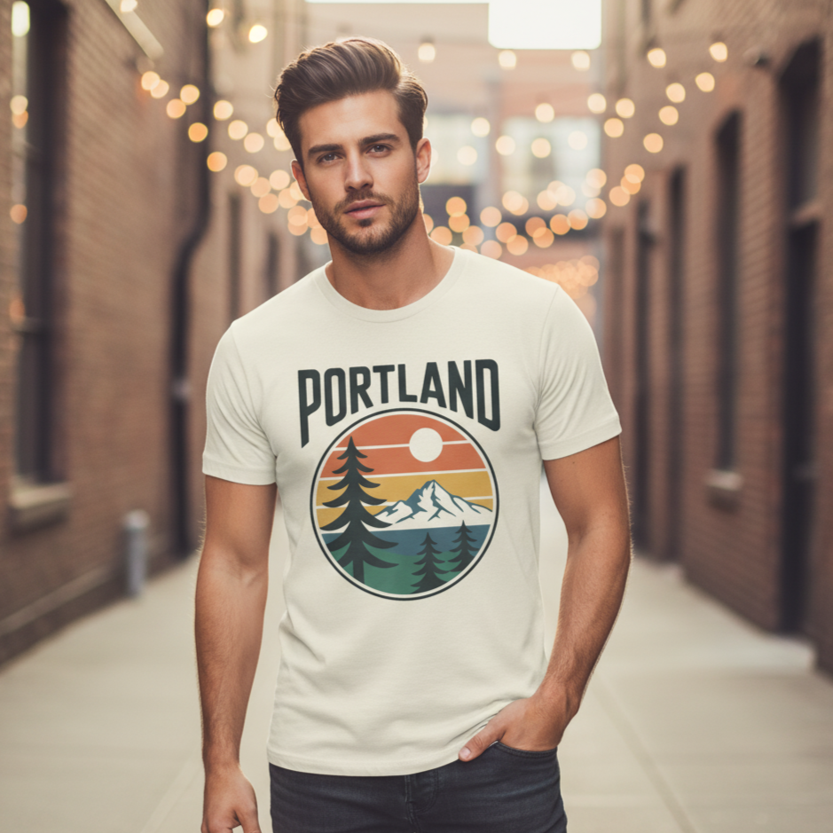 Portland Retro Graphic Tshirt | Vintage Mountain & Sunset Tee | Tshirt