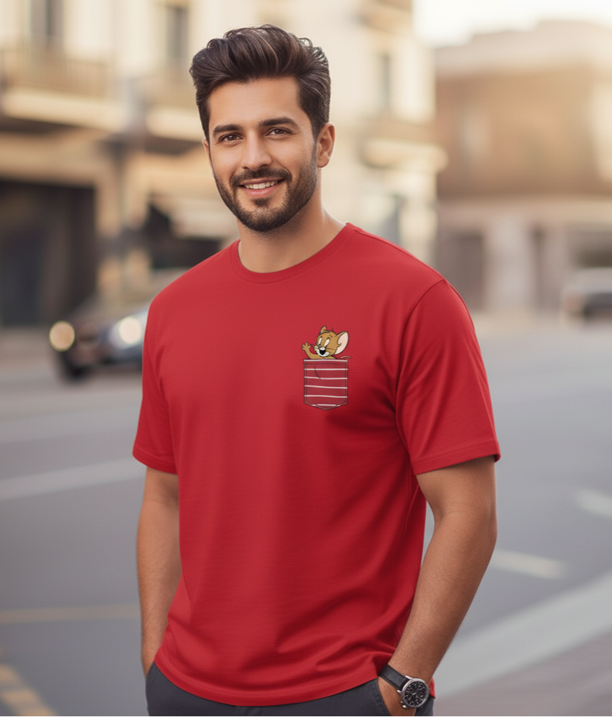 Pocket Jerry Men’s Oversized T-Shirt | Fun Cartoon Graphic Tee in Red
