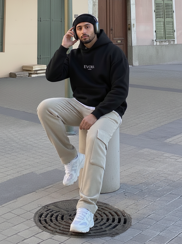 EVORA Minimalist Oversized Black Hoodie for Men