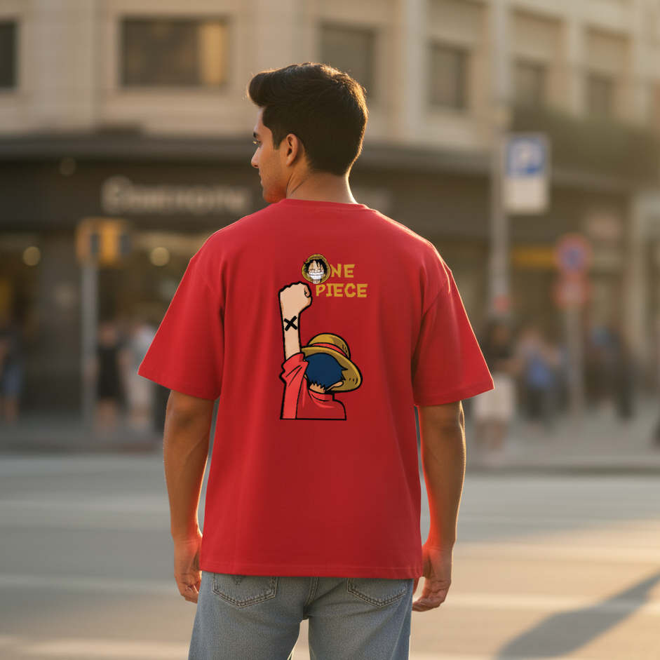Red Straw Hat One piece Oversized Men’s T-Shirt | Anime Streetwear Tee by Evora