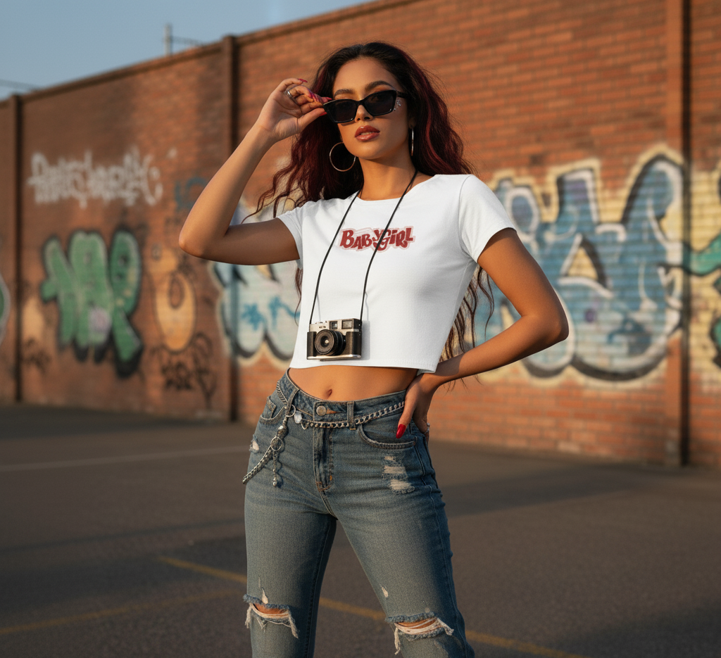 “Baby Girl Street Style Crop Top – Black & White Edition”