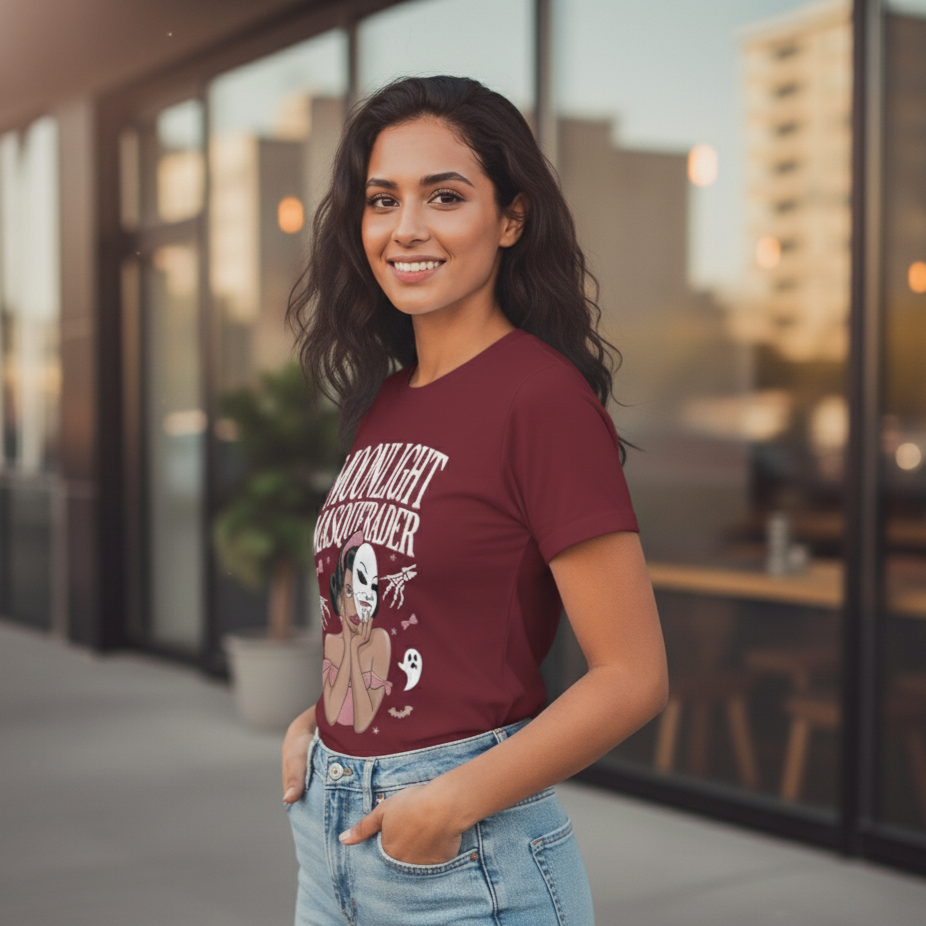 Moonlight Masquerader Women’s Graphic T-Shirt – Vintage Gothic Aesthetic Tee