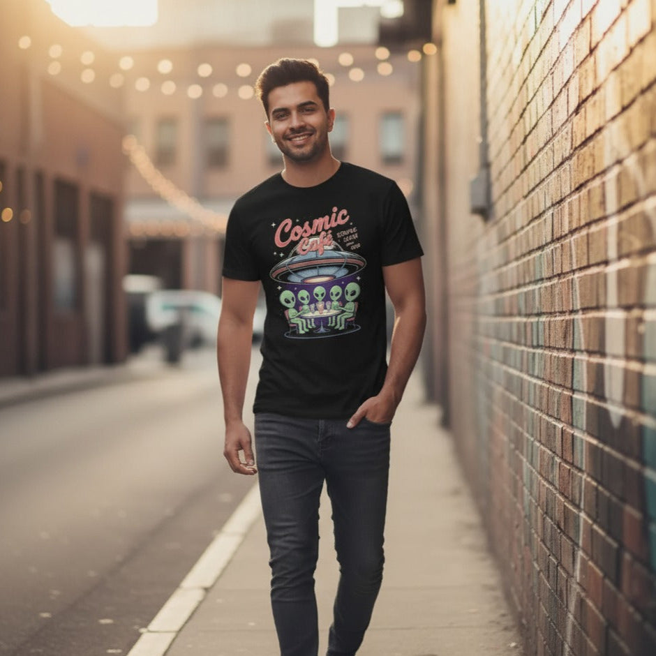 Cosmic Cafe Regular-Fit Men's T-Shirt | Retro Alien Graphic Tshirt